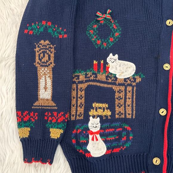 Vintage Christmas Cat Sweater Ugly Xmas Tree Dog Puff Sleeve Chunky Cardigan 90s - Picture 3 of 8
